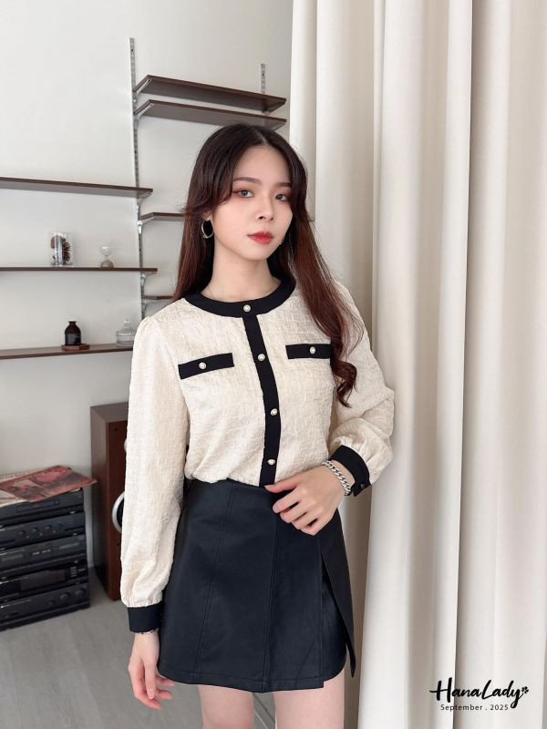 WKA19 餅乾布珍珠釦小香風上衣 