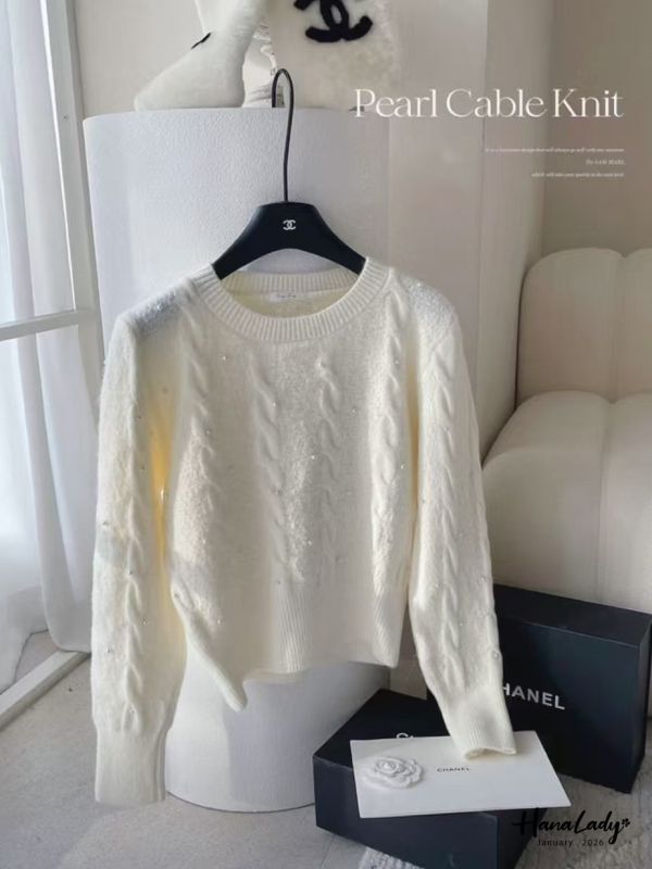 LEA01 釘珠坑條麻花針織上衣 