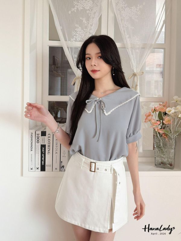 LFA11 甜美蕾絲邊翻領雪紡上衣 