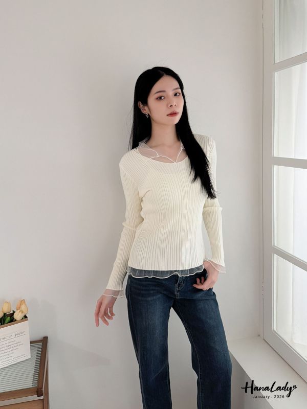 LEA66 網紗領針織上衣 
