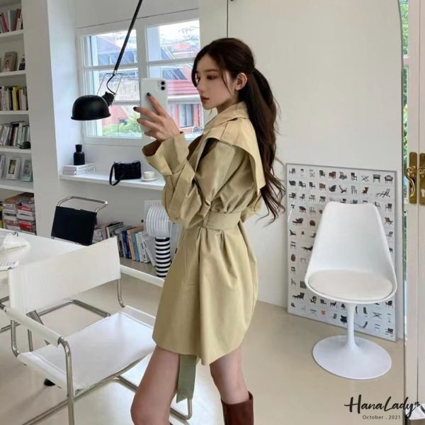 ETA73 春秋必備翻領雙排釦綁腰風衣外 