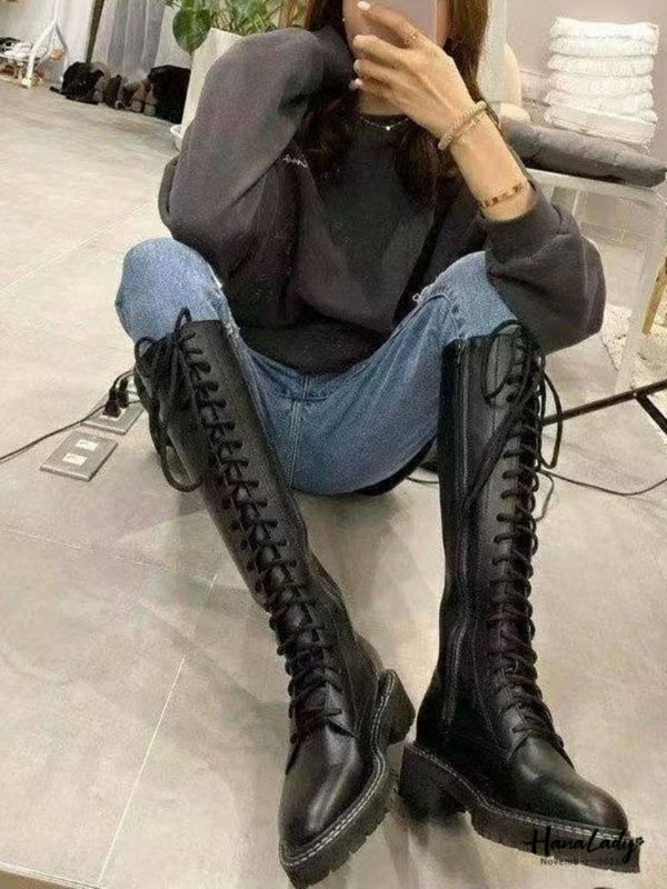WJB46 帥氣車線綁帶牛皮長靴 