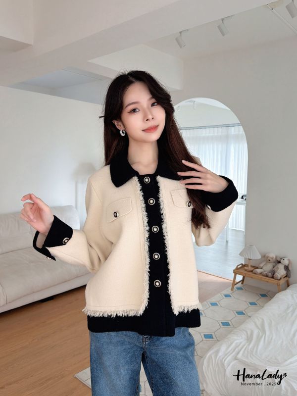 WJB09 精緻造型釦拼色針織外 