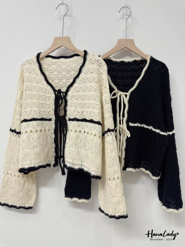 WJB11 簍空編織波浪綁結衫 