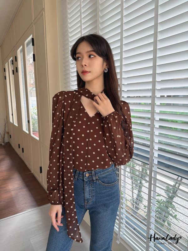 WTA03 復古波點緞帶雪紡衫 