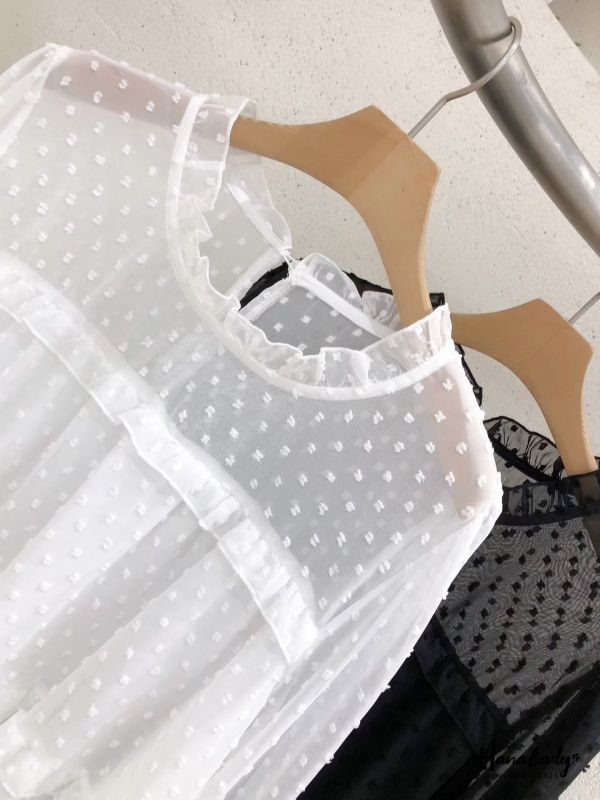 WJA39 日系透袖領層次波點上衣 