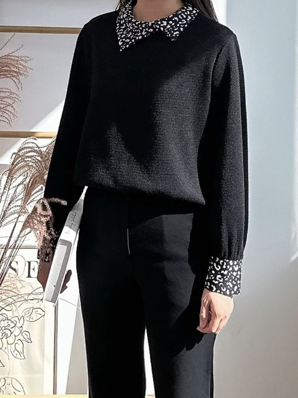 WQA54 豹紋雪紡拼接針織上衣 