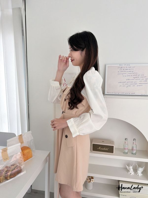 WJA46 知性拼色收腰雪紡短洋 