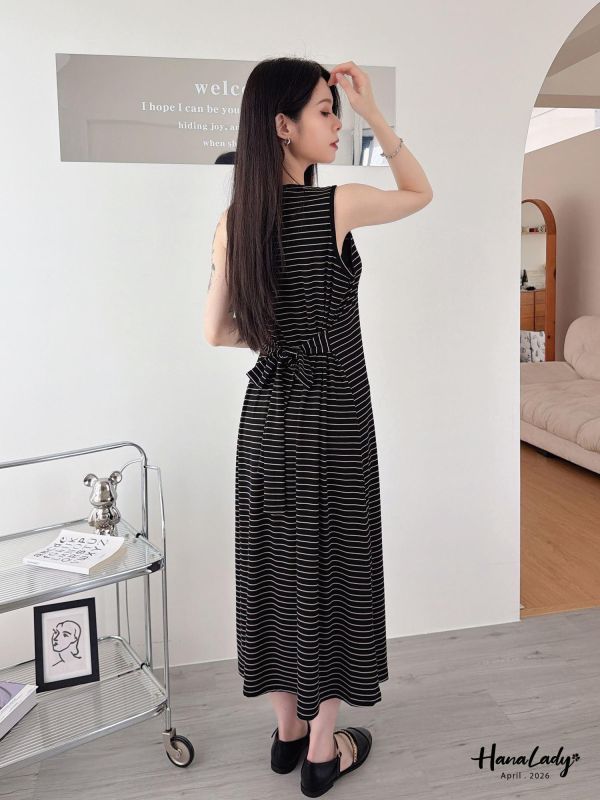 LFA84 涼感綁帶設計條紋長洋 