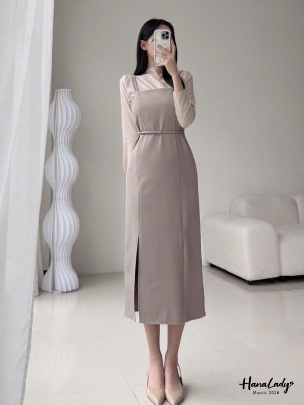 LSA46 知性釦帶側開衩洋裝 