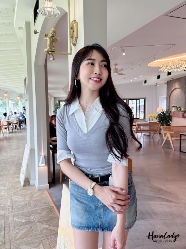 WSA38 翻領假兩件上衣 