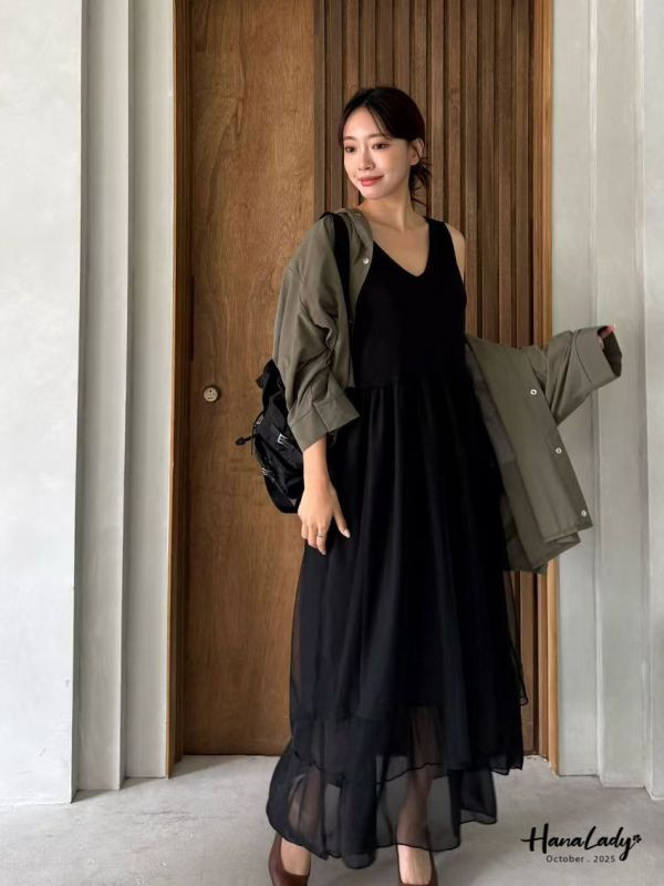 WTA23 異材質拼接層次網紗長洋 