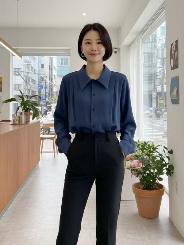 WQA97 簡約三角領車線雪紡衫 