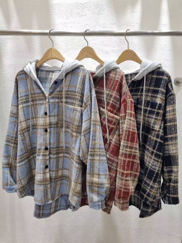 WQA94 配色格紋連帽長版外 