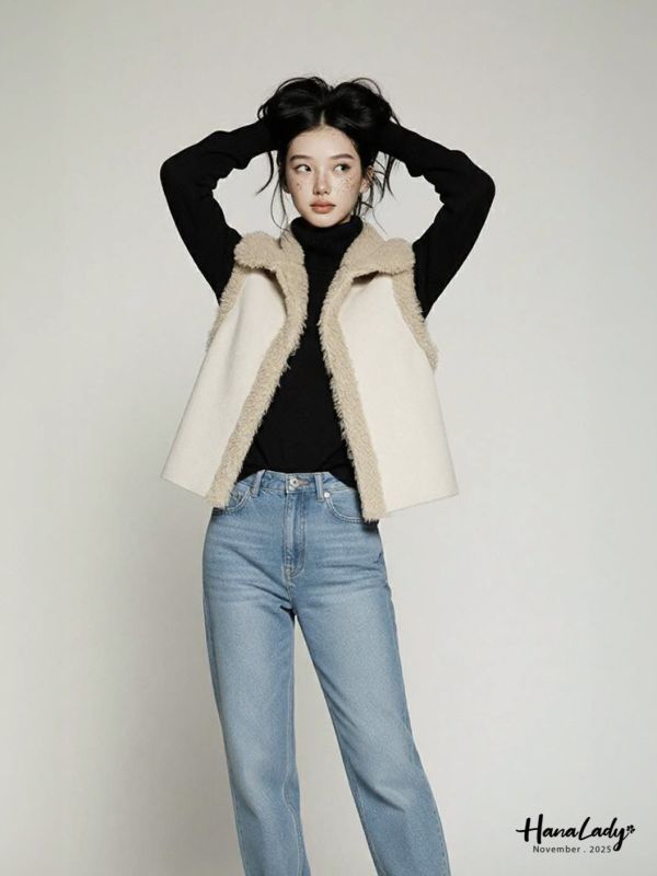 WJA74 麂皮拼毛暖暖翻領背心 