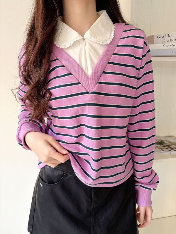 WQA32 假兩件條紋襯衫領上衣 