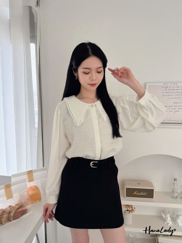 LEA23 超級美麗的毛呢雪紡上衣 