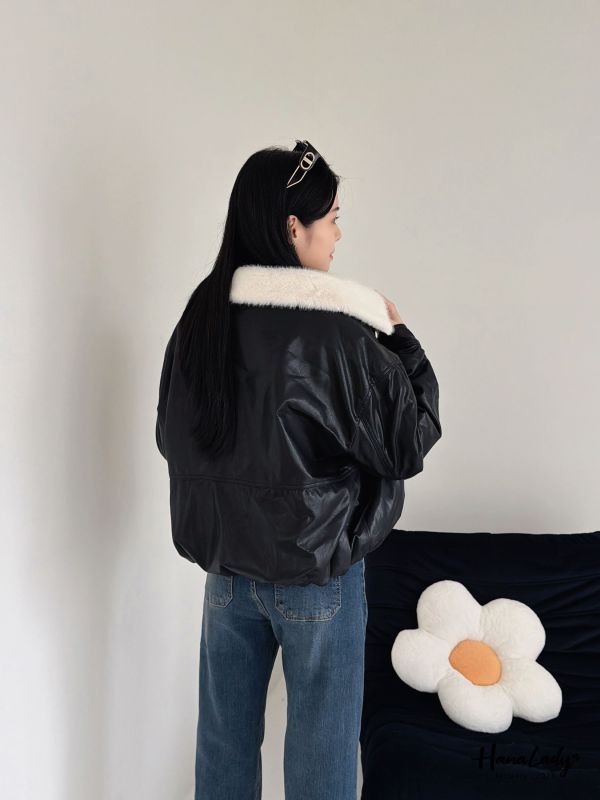 LEA65 率性毛毛領柔軟皮革外 