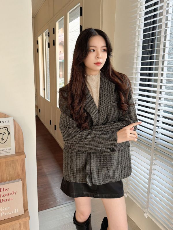 WQA79 燈心絨反摺袖格紋羊毛西外 