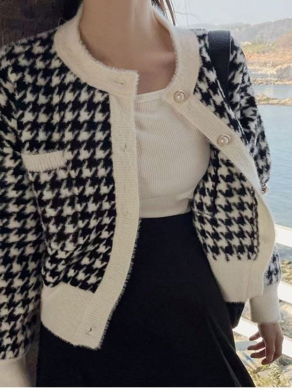 WQB69 千鳥格紋珍珠釦針織上衣 