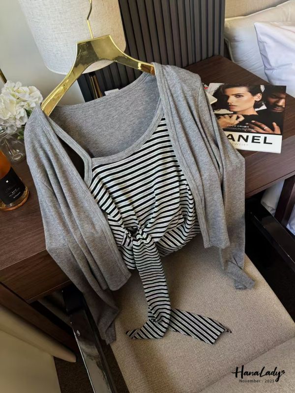 WJA50 收腰綁帶兩件式條紋上衣 