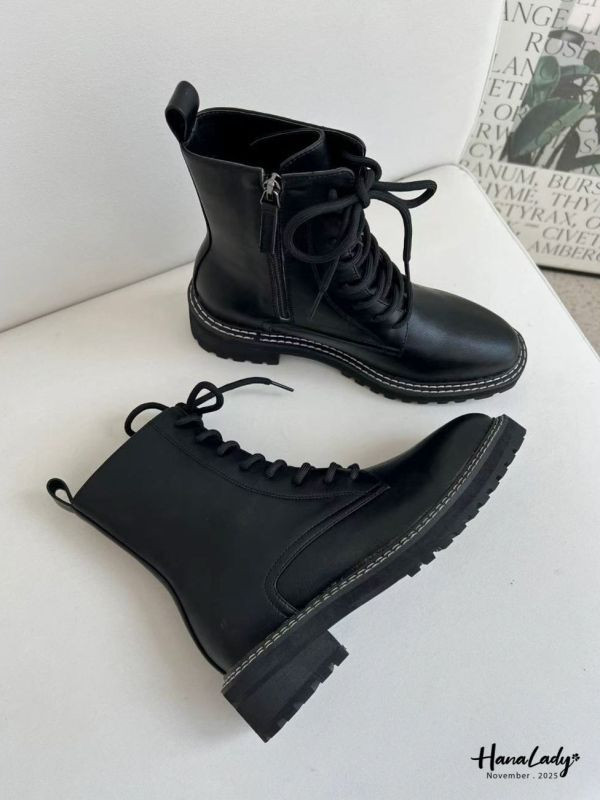 WJB49 造型車線綁帶牛皮短靴 