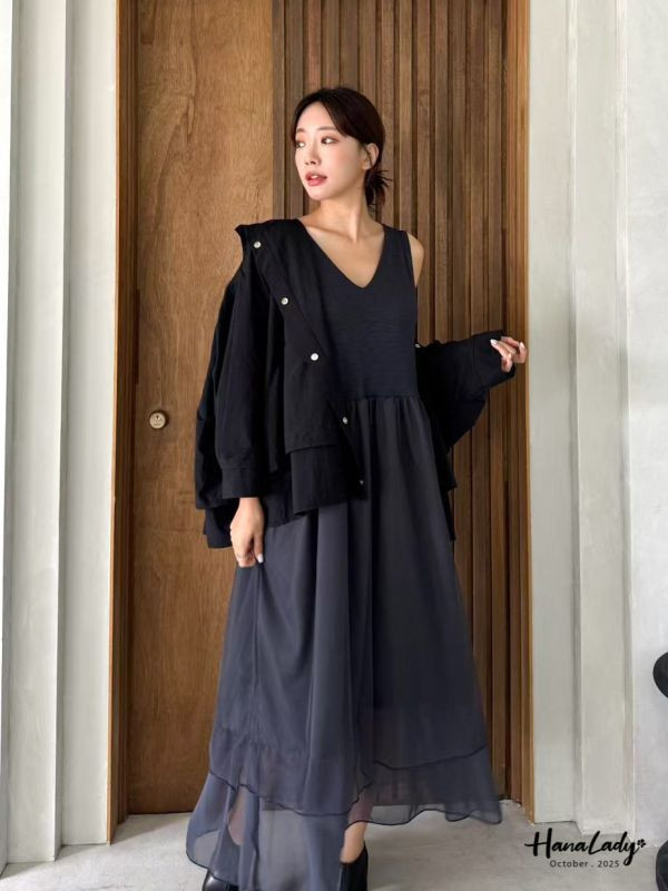 WTA23 異材質拼接層次網紗長洋 