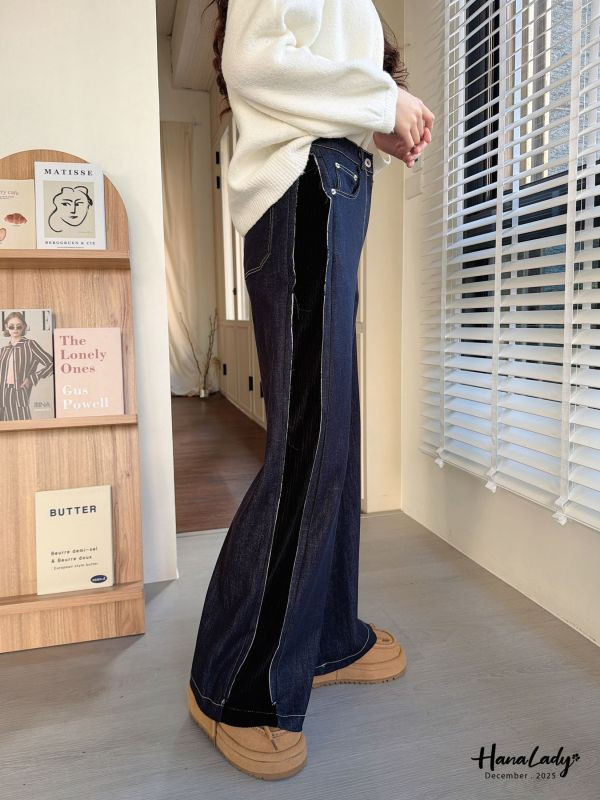 WQA12 燈心絨黑邊長腿丹寧褲 