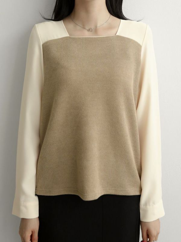 WQA96 俐落小方領針織拼接雪紡衫 