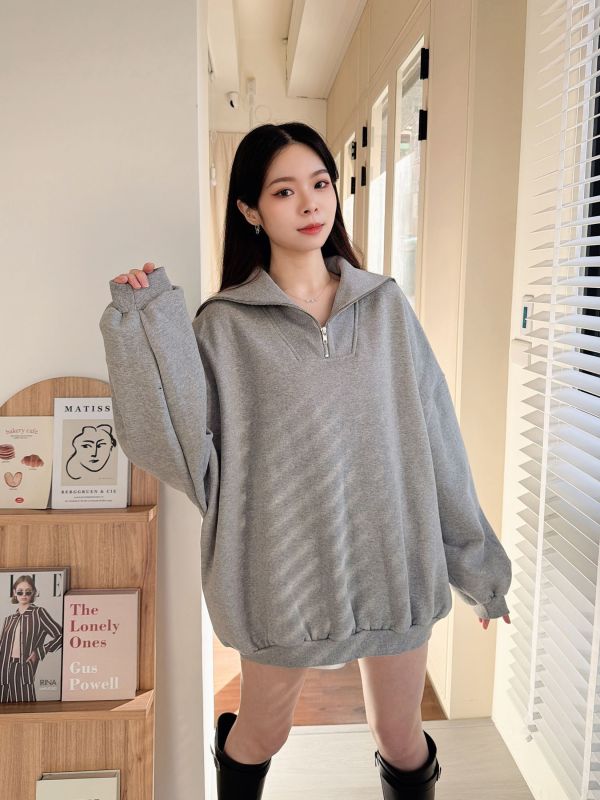 WQA67 簡約拉鍊內刷毛長版T 