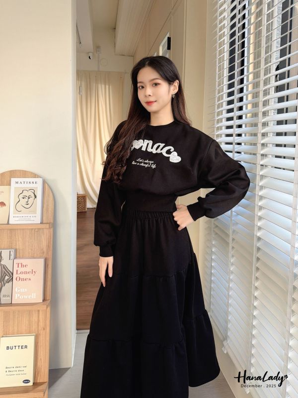 WQB12 蕾絲字母內刷毛蛋糕裙套裝 