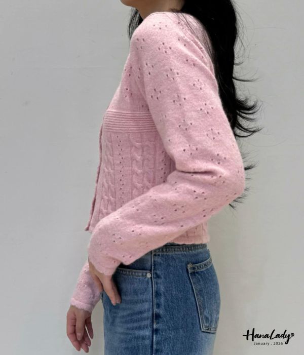 LEA60 簍空小花果凍釦針織上衣 