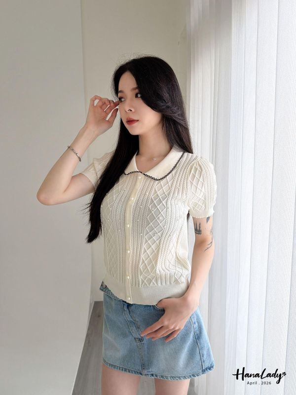 LFA07 菱格紋釘珠千金風針織上衣 