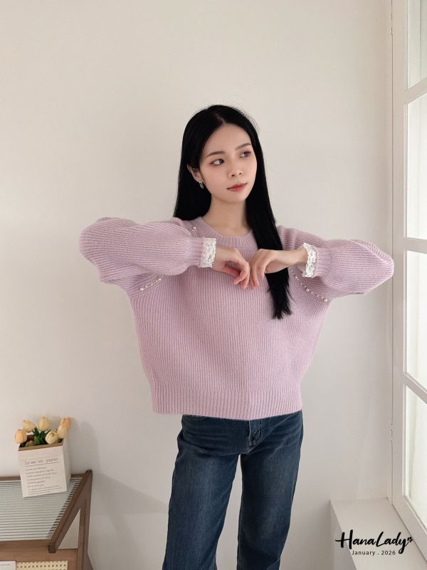 LEA10 銀蔥細閃釘珠蕾絲袖上衣 