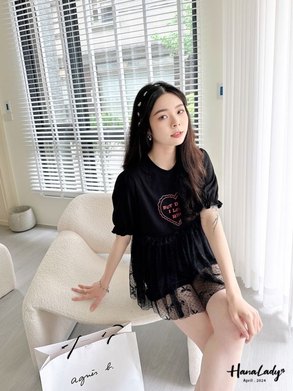 FFA20接紗花邊愛心圓領T 