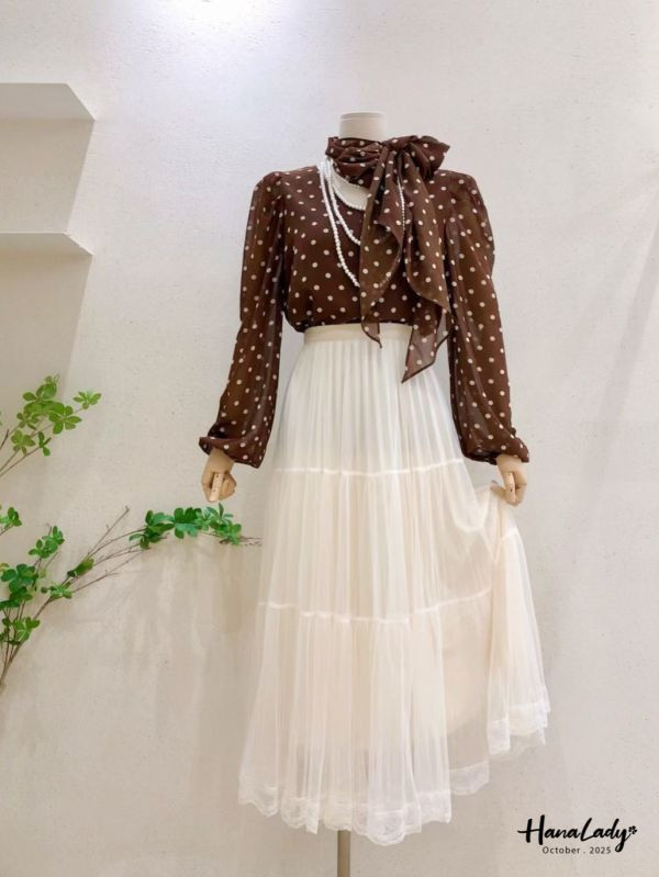 WTA03 復古波點緞帶雪紡衫 