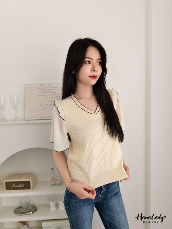 LSA06 浪漫雪紡滾邊V領針織上衣 