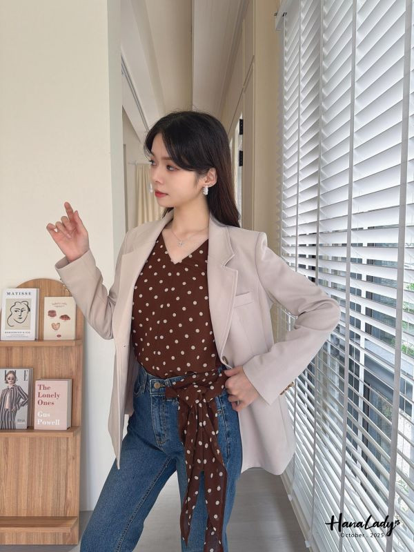 WTA03 復古波點緞帶雪紡衫 