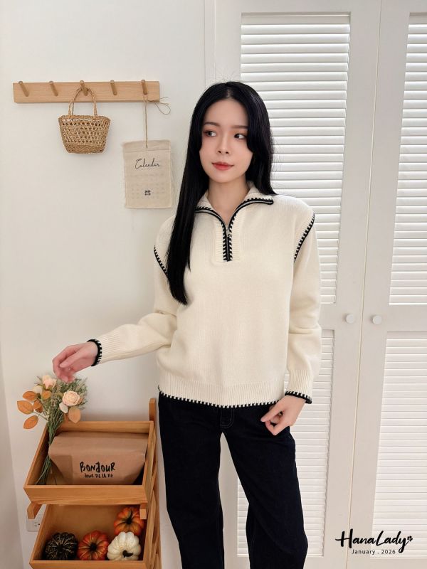 LEA70 拉鍊領設計線條針織上衣 