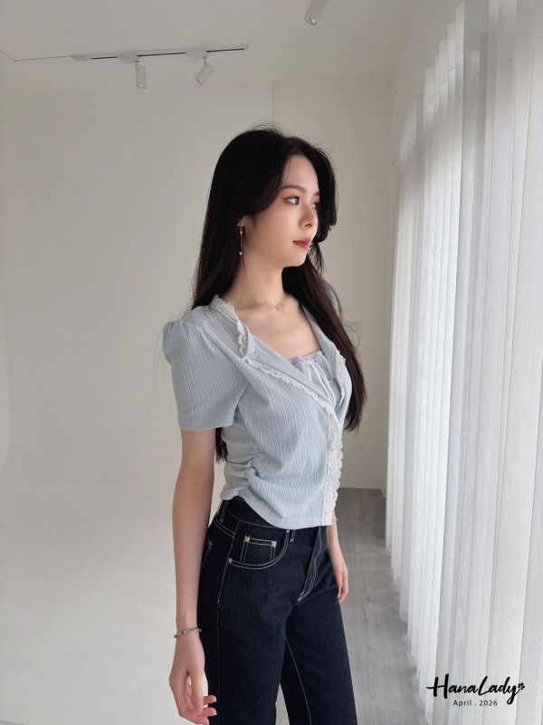 LFA39 有點美綁結翻領蕾絲上衣 