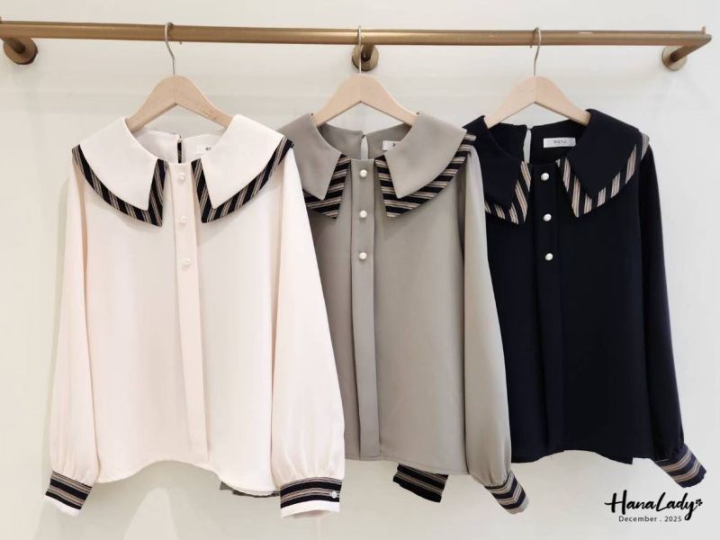 WQA47 線條層次領珍珠雪紡衫 