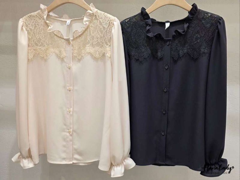 WQA90 優雅荷葉蕾絲領雪紡衫 