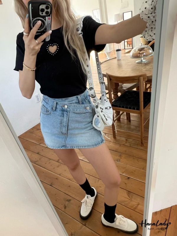 LFA59 造型斜扣設計丹寧褲裙 