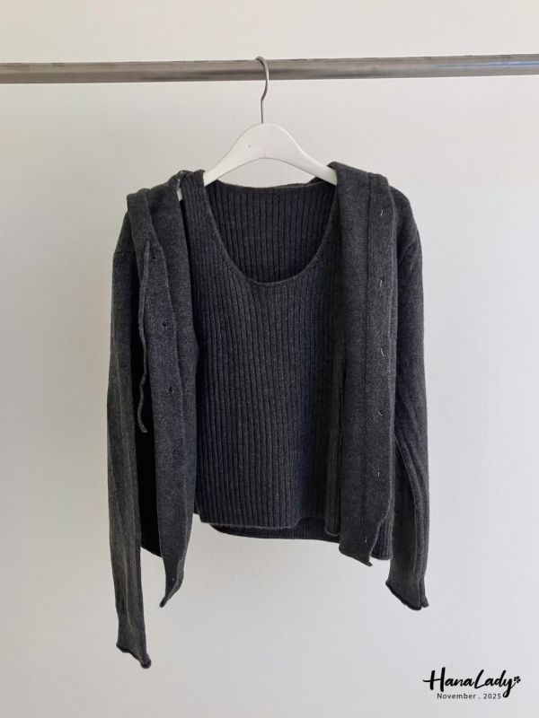 WJA05 兩件式抽繩木紋釦針織衫 