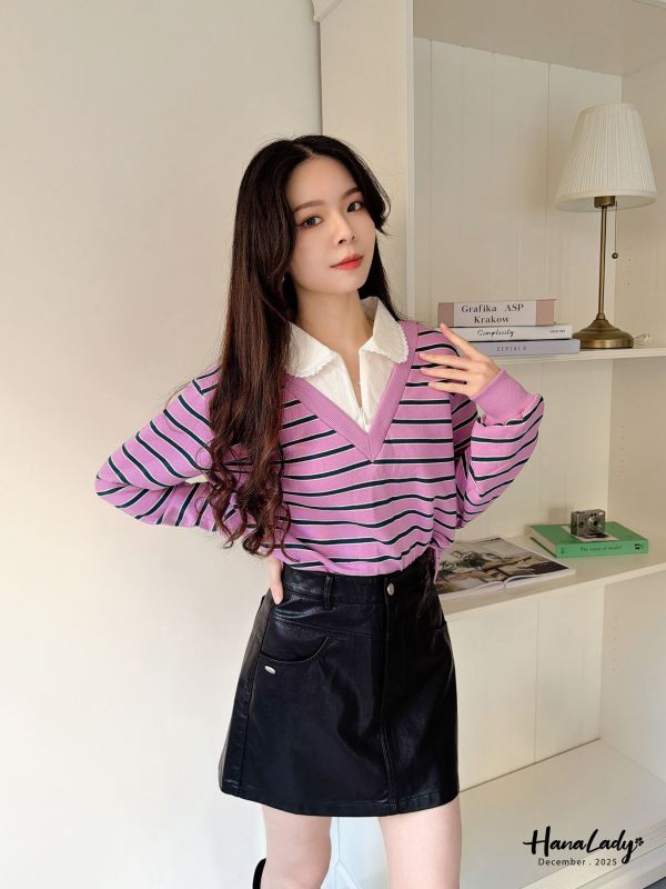 WQA32 假兩件條紋襯衫領上衣 