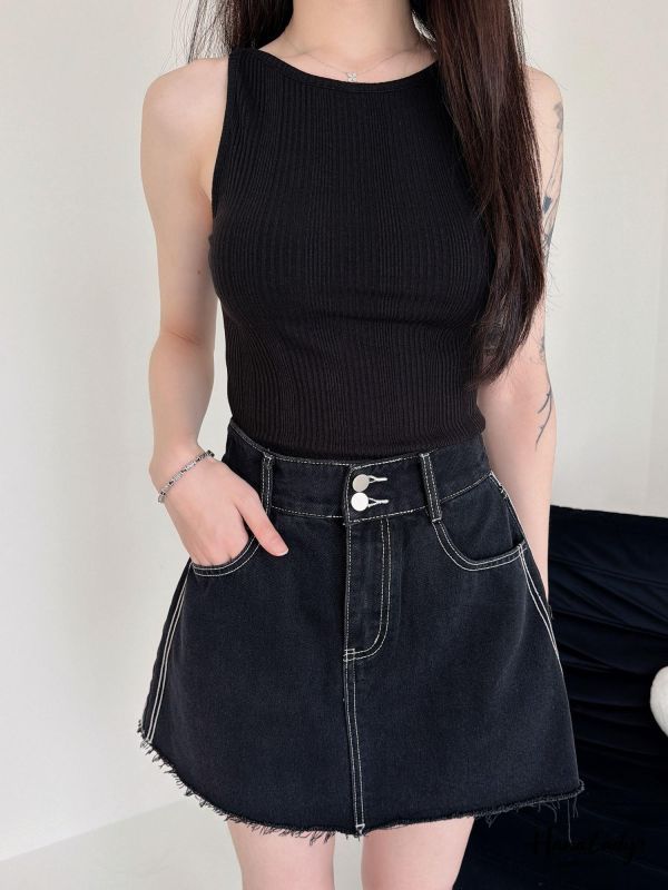 LFA63 雙釦車線顯瘦A字版丹寧褲裙 