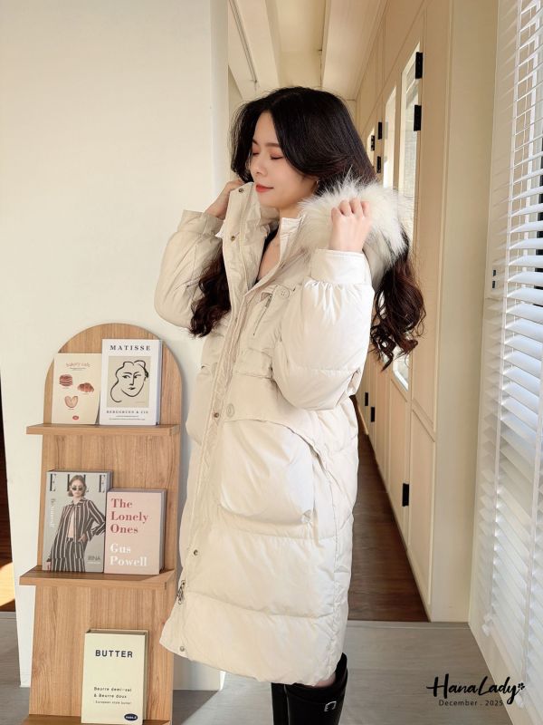 WQB32 鴨絨浣熊毛可拆長版外套 