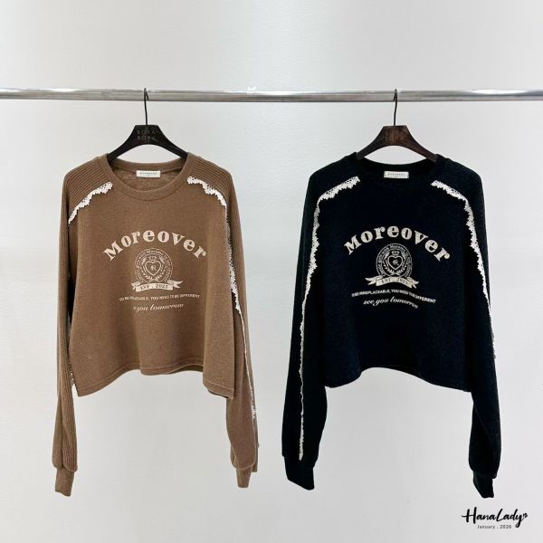 LEA41 坑條蕾絲袖印花棉絨T 