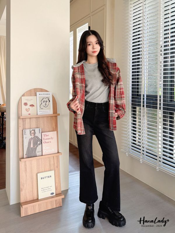 WQA94 配色格紋連帽長版外 