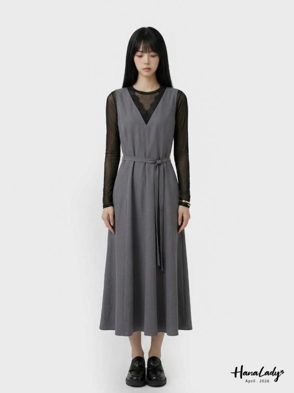 LFA26 高質感蕾絲V領背心長洋 